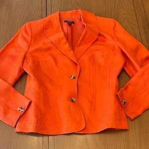 Orange silk linen blend fully lined 2 button fitted blazer w/ patch pockets sz 8